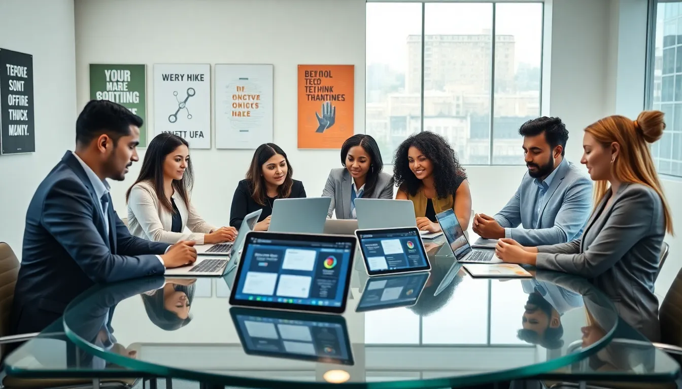 diverse team discussing the Final Matrix Tech App in a modern office.