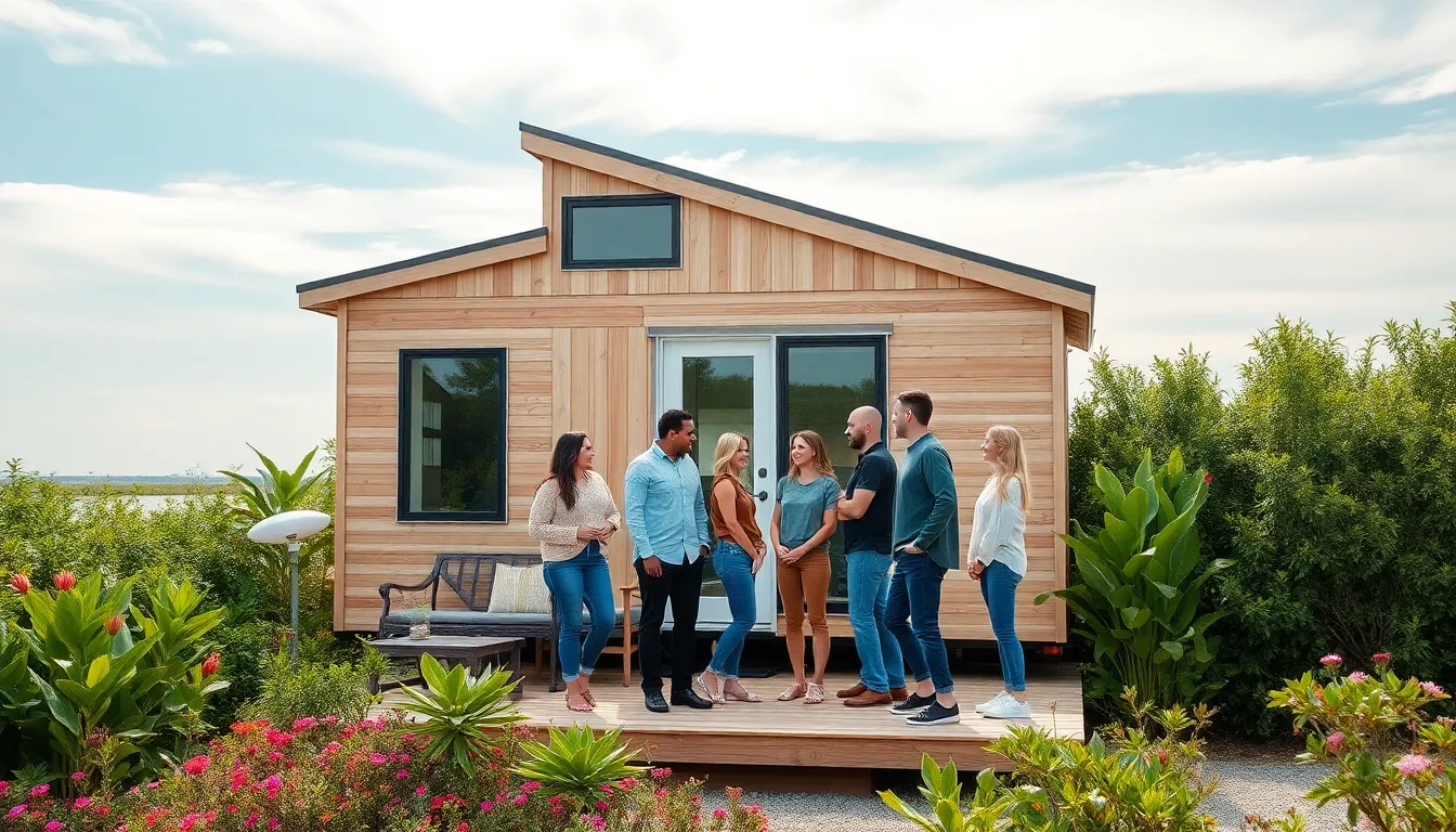 diverse family discussing a tiny home in a sunny Pensacola setting.