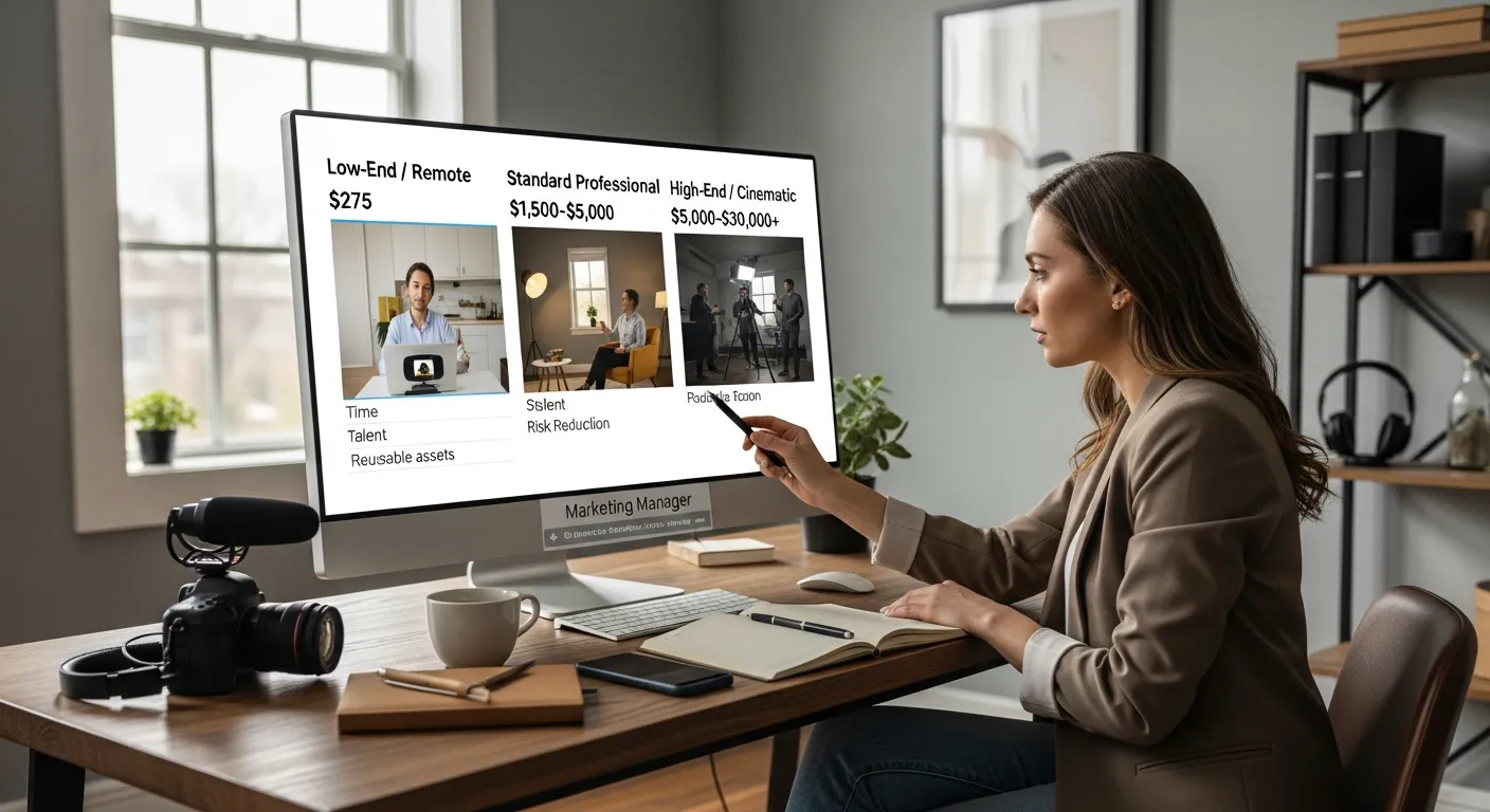 Marketing manager compares low, mid, and high-end video testimonial costs on her monitor.