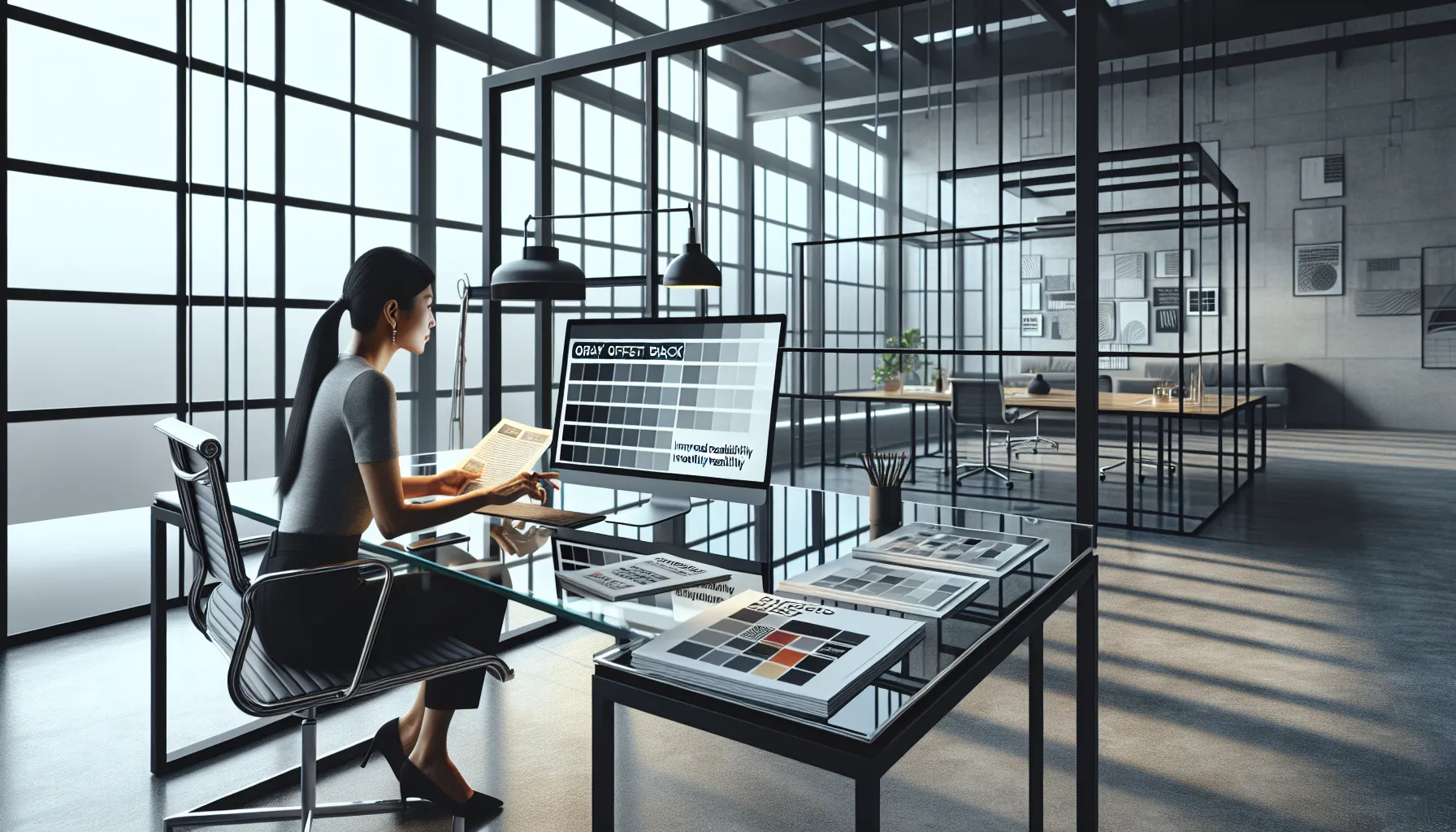designer reviewing grayoffsetback design features in a modern office.