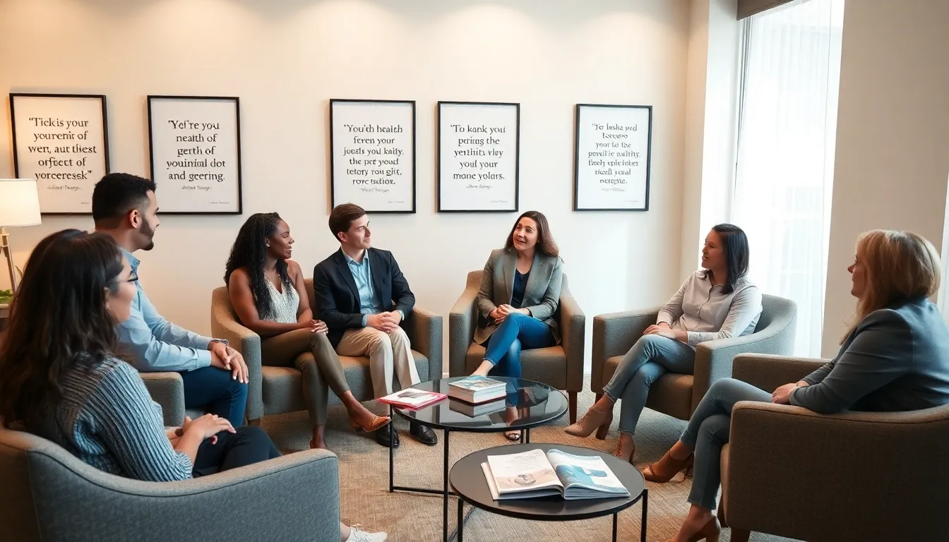 diverse group discussing mental health in a modern therapy room.