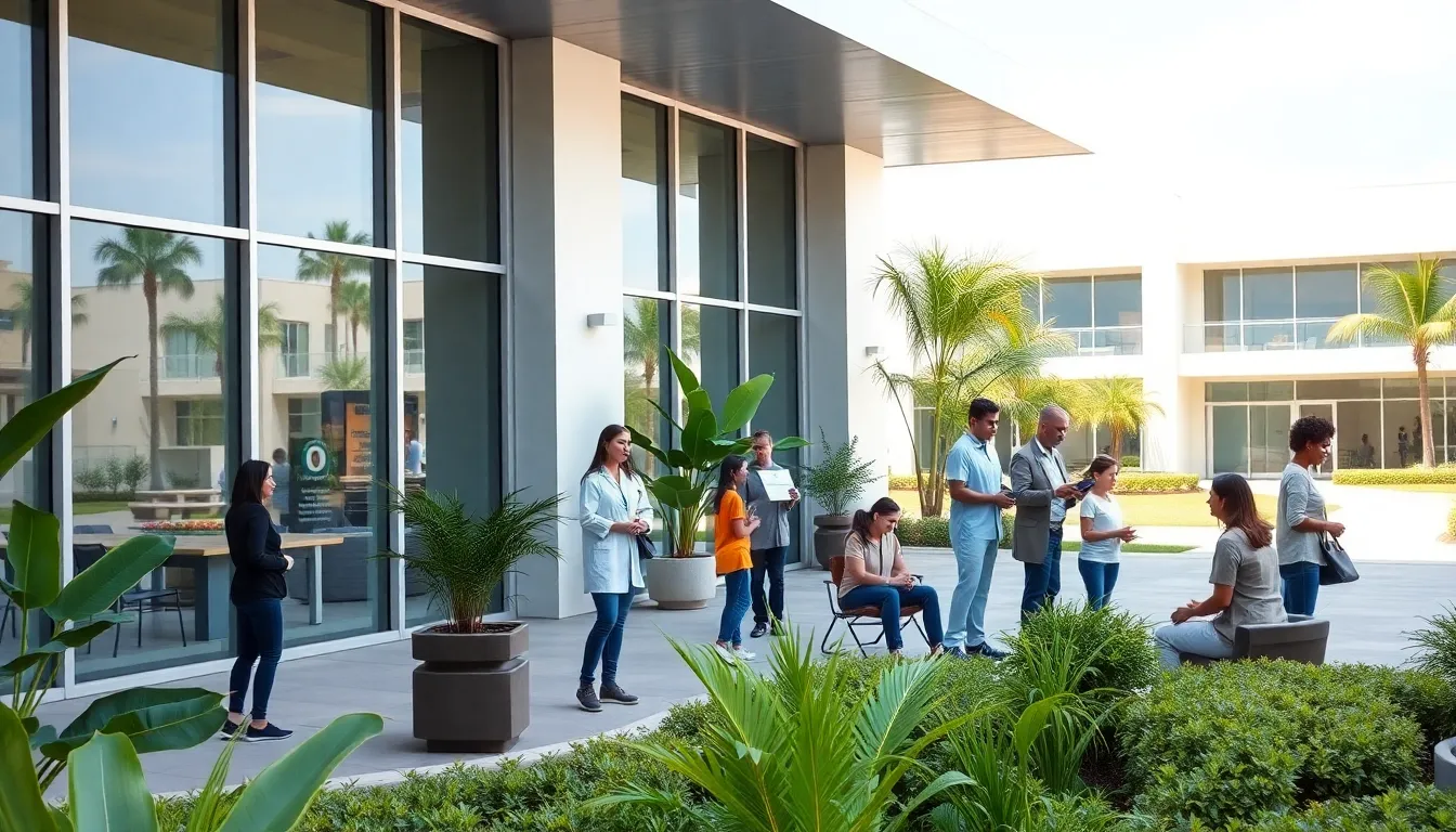 Modern inpatient mental health facility in Florida with diverse staff and serene garden.