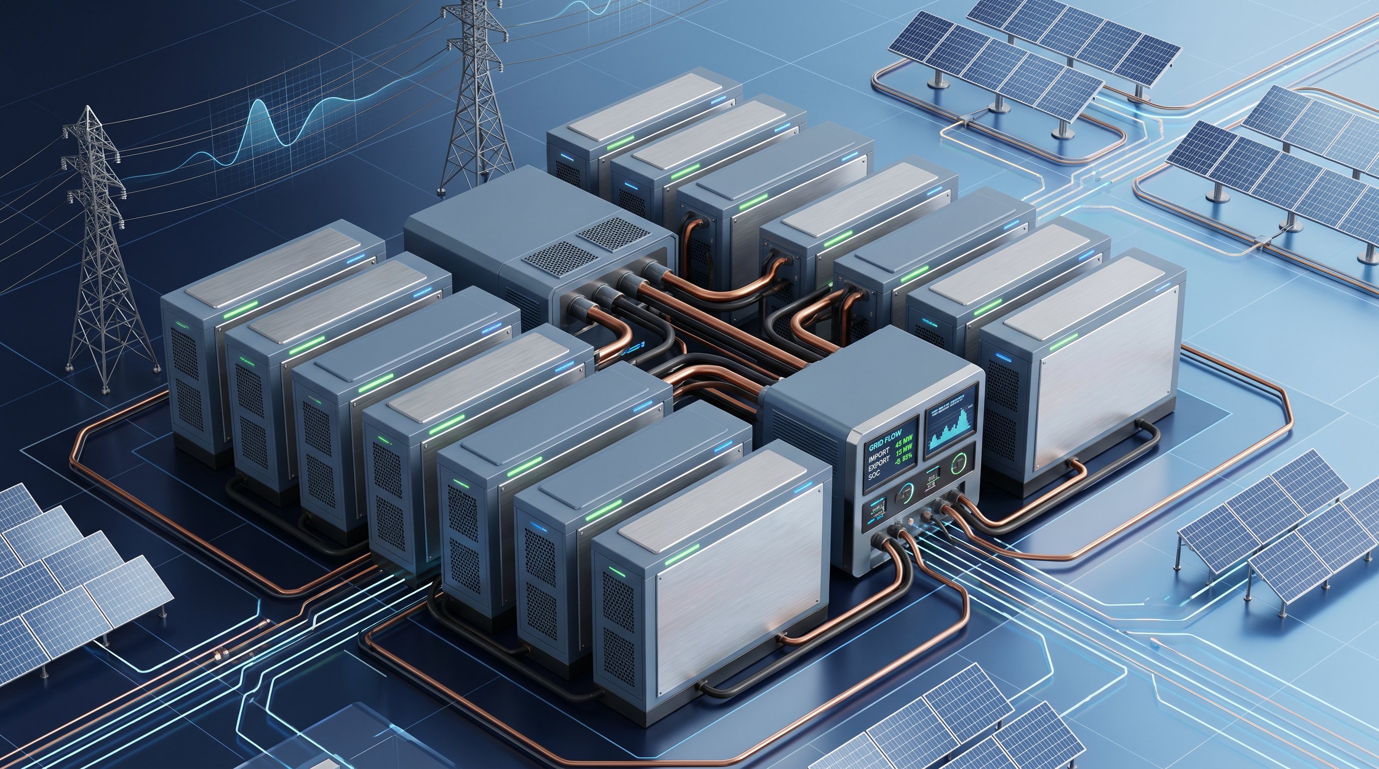 3D render of industrial battery energy storage system connected to power grid infrastructure.