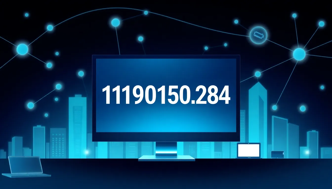 Illustration of an IP address with devices in a digital cityscape.