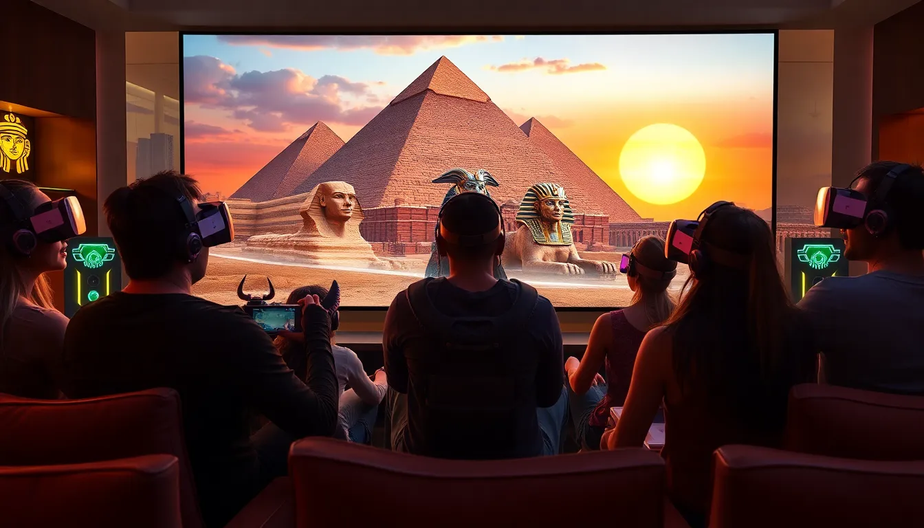 diverse gamers experiencing an Ancient Egypt video game in a modern lounge.