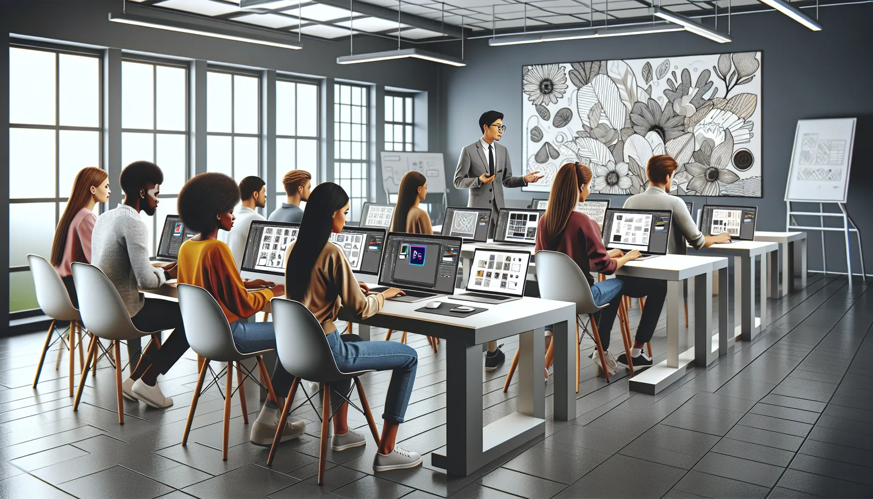 diverse students engaging in an Adobe Photoshop course in a modern classroom.