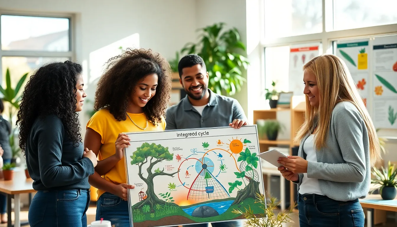 students collaborating on an integrated science project in a bright classroom.