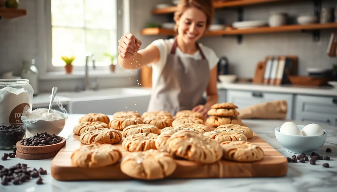 baker sprinkling sea salt over freshly baked cookies in a cozy kitchen.