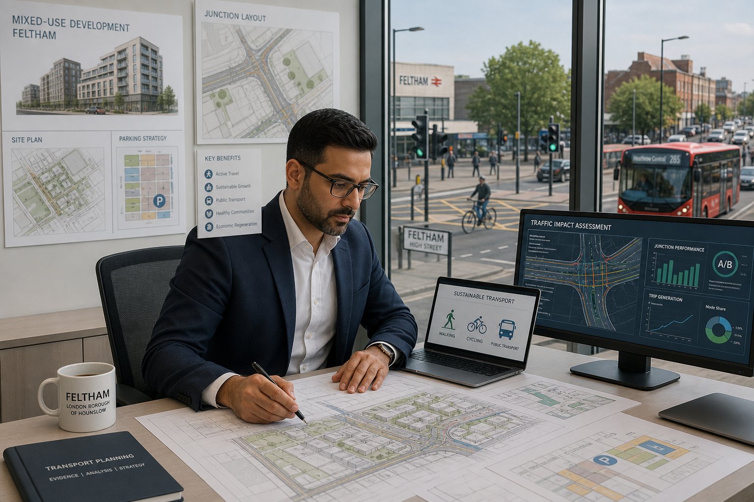 Traffic engineer reviewing development plans and road data in a modern office.