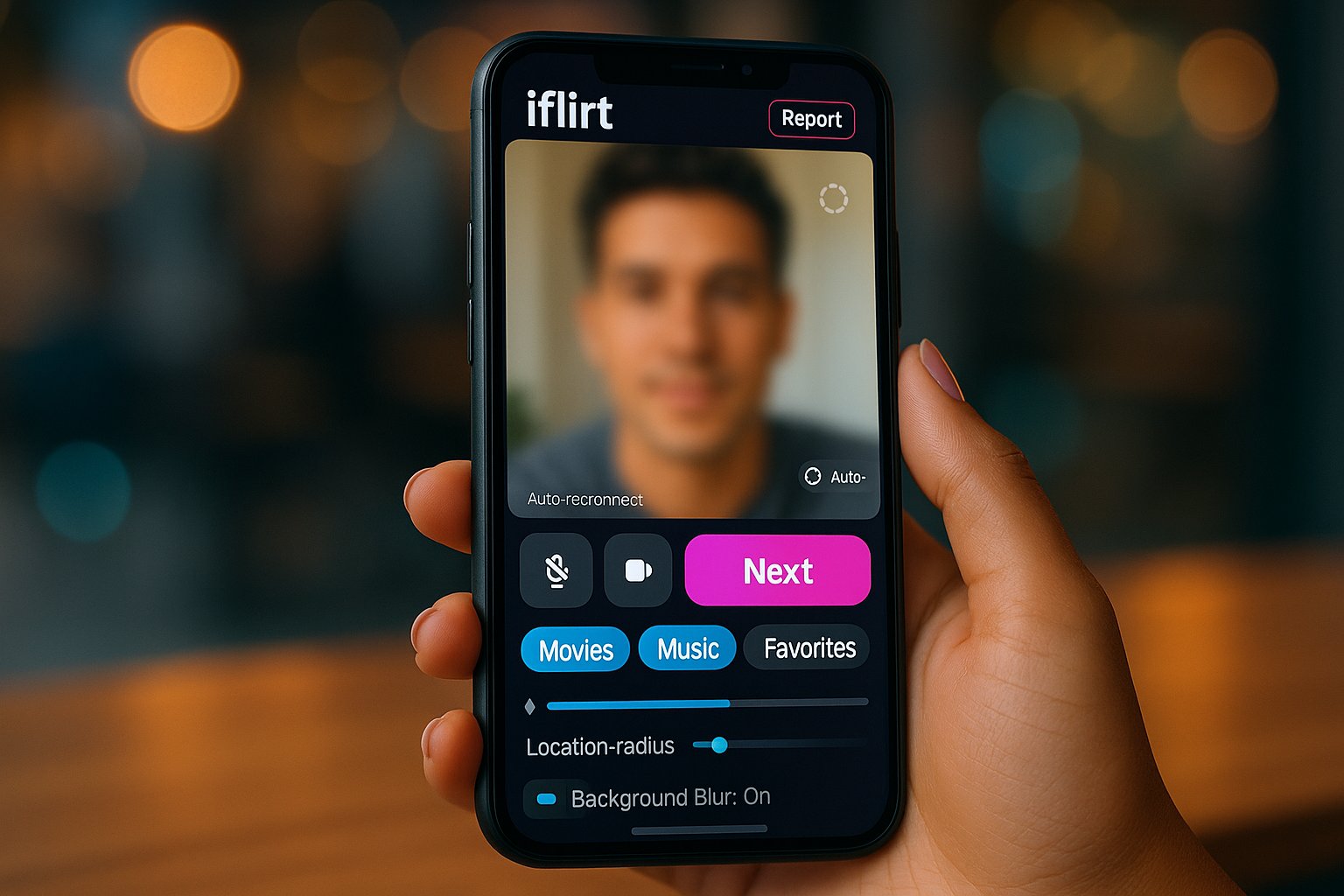 Hand holding phone showing iflirt app with large video pane and Next button.