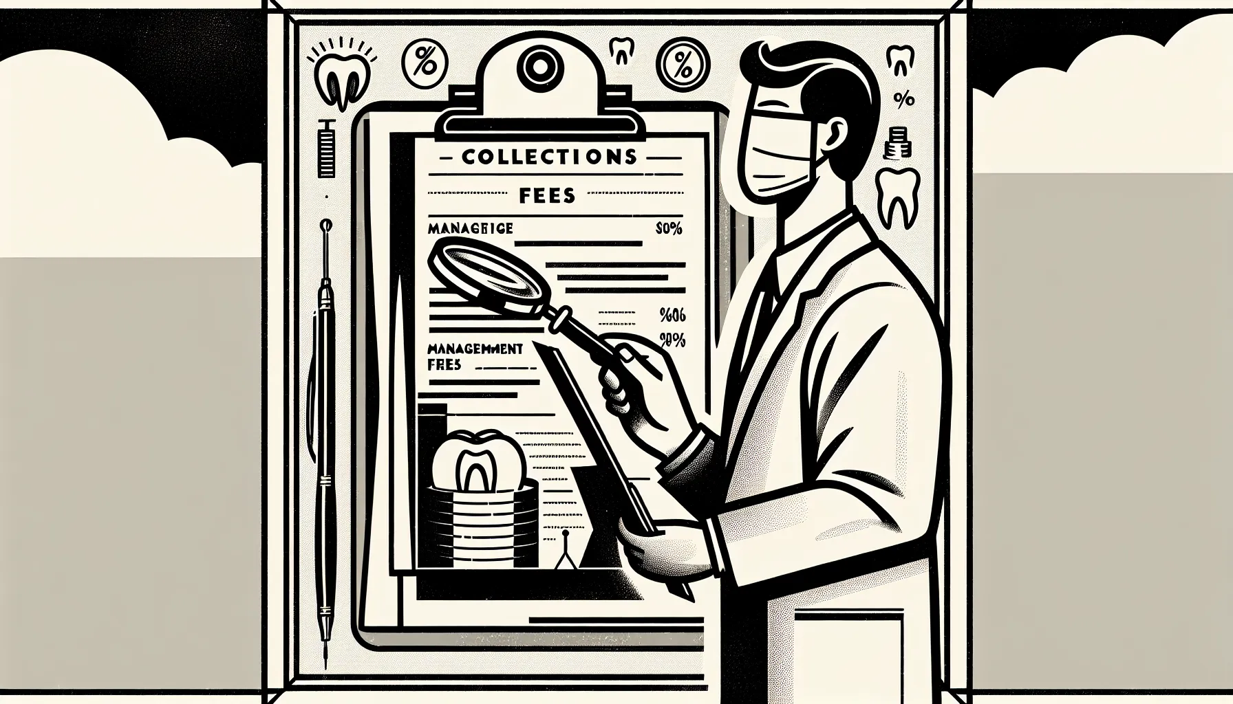 Dentist inspecting a contract with magnifying glass revealing deducted management fees.