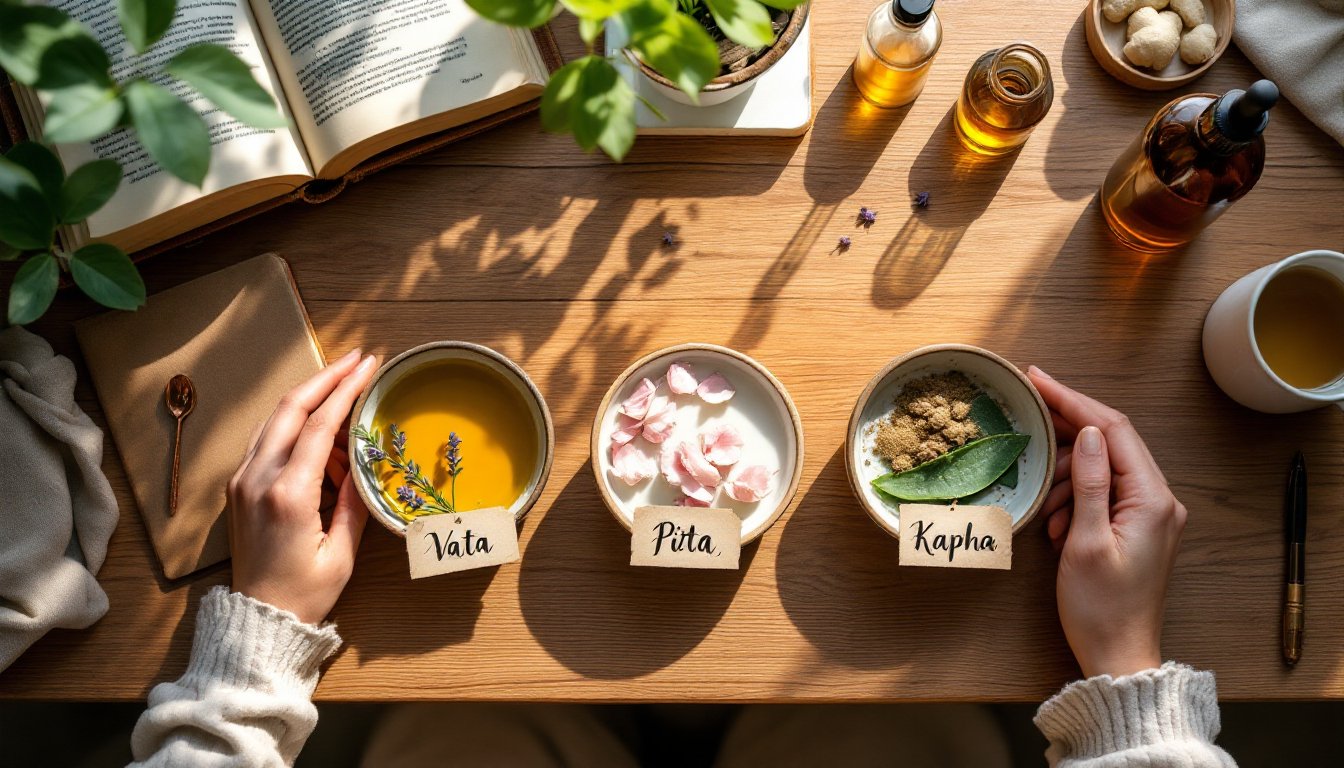 Three labeled bowls of Ayurvedic ingredients for Vata, Pitta, and Kapha skin types on a sunlit table.