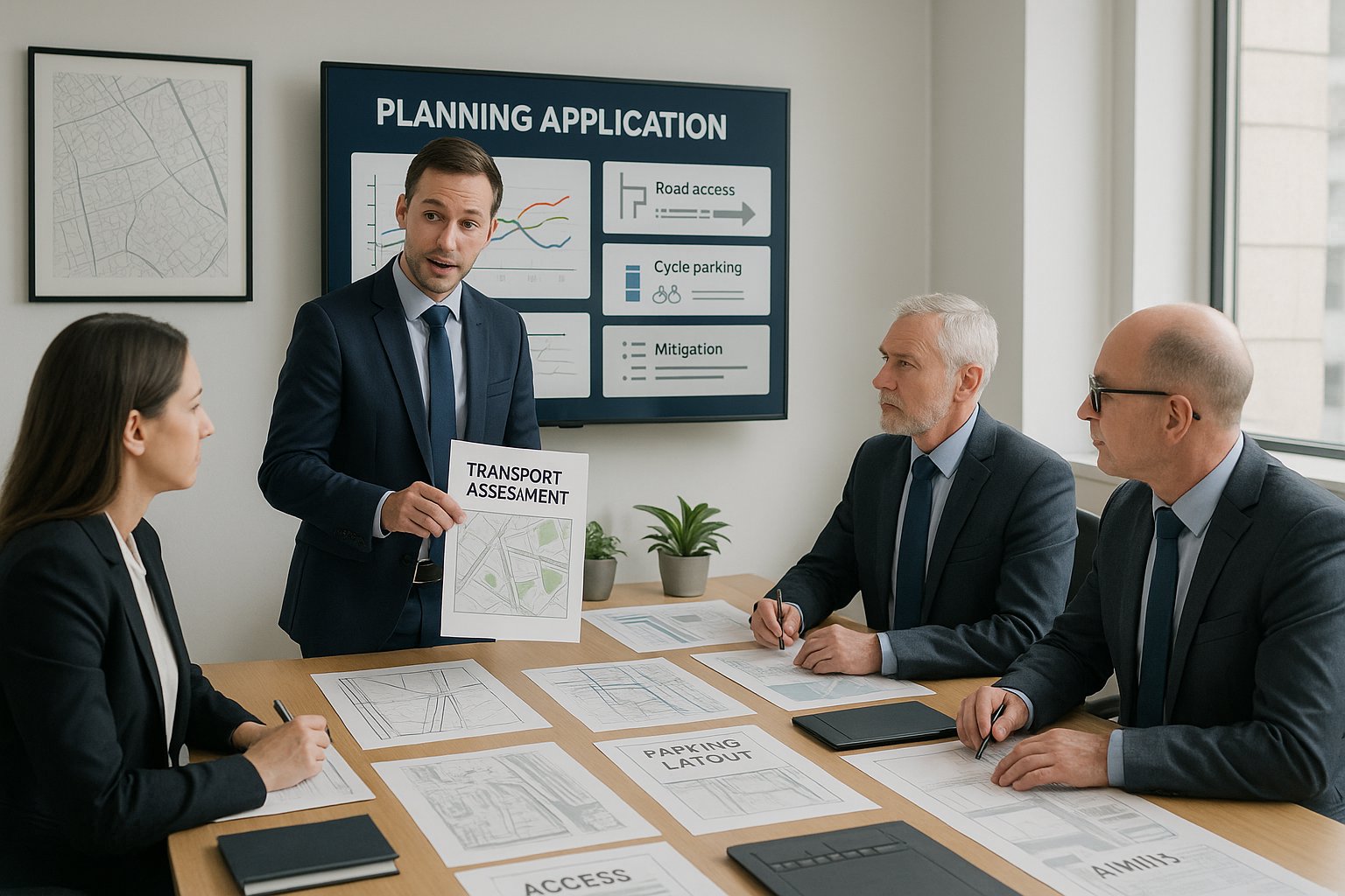 Consultant presenting transport planning documents to professionals in a modern UK office.