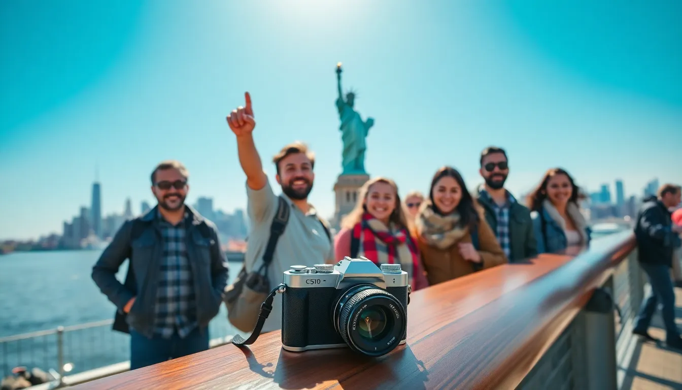 diverse group at the Statue of Liberty with New York skyline in view.