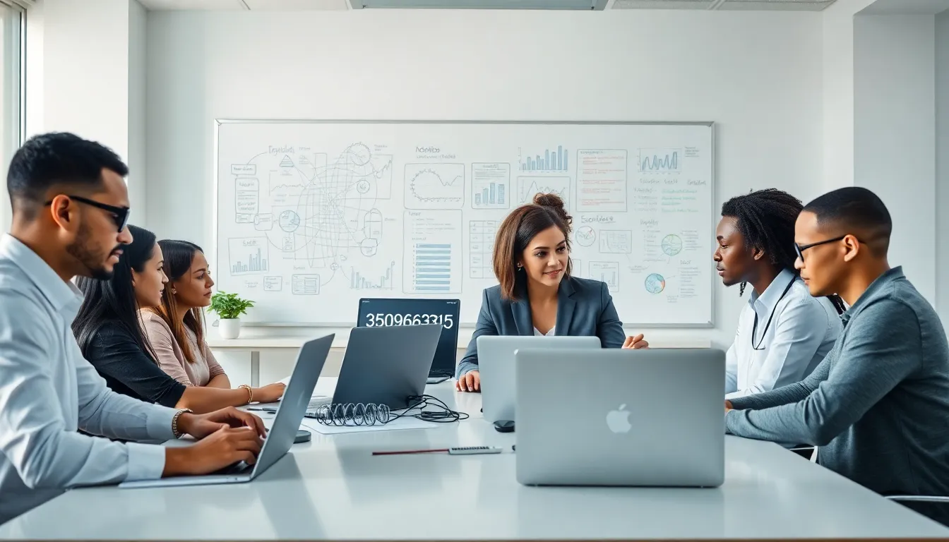 diverse team analyzing data in a modern office.
