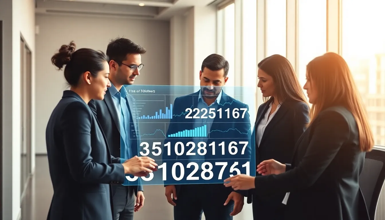 professionals collaborating around a digital dashboard in a modern office.
