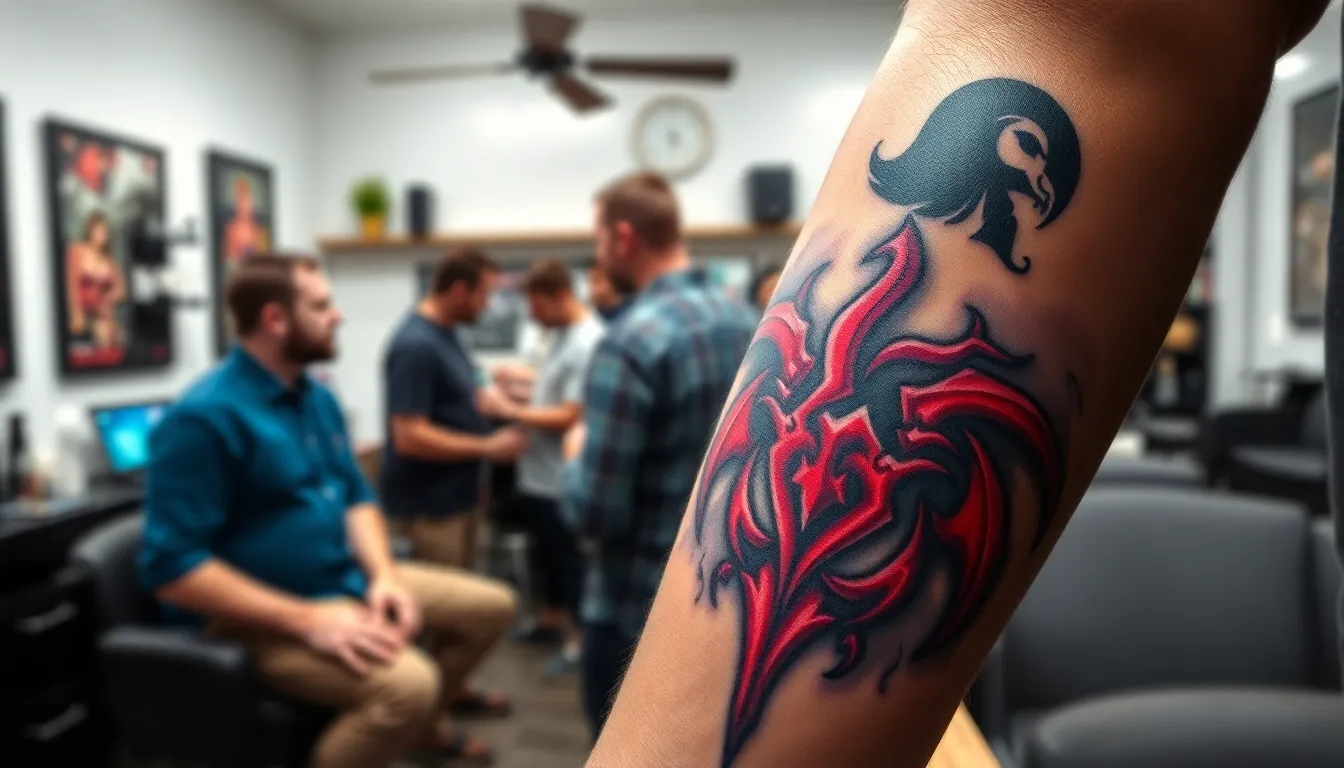 close-up of a World of Warcraft tattoo featuring the Horde emblem.