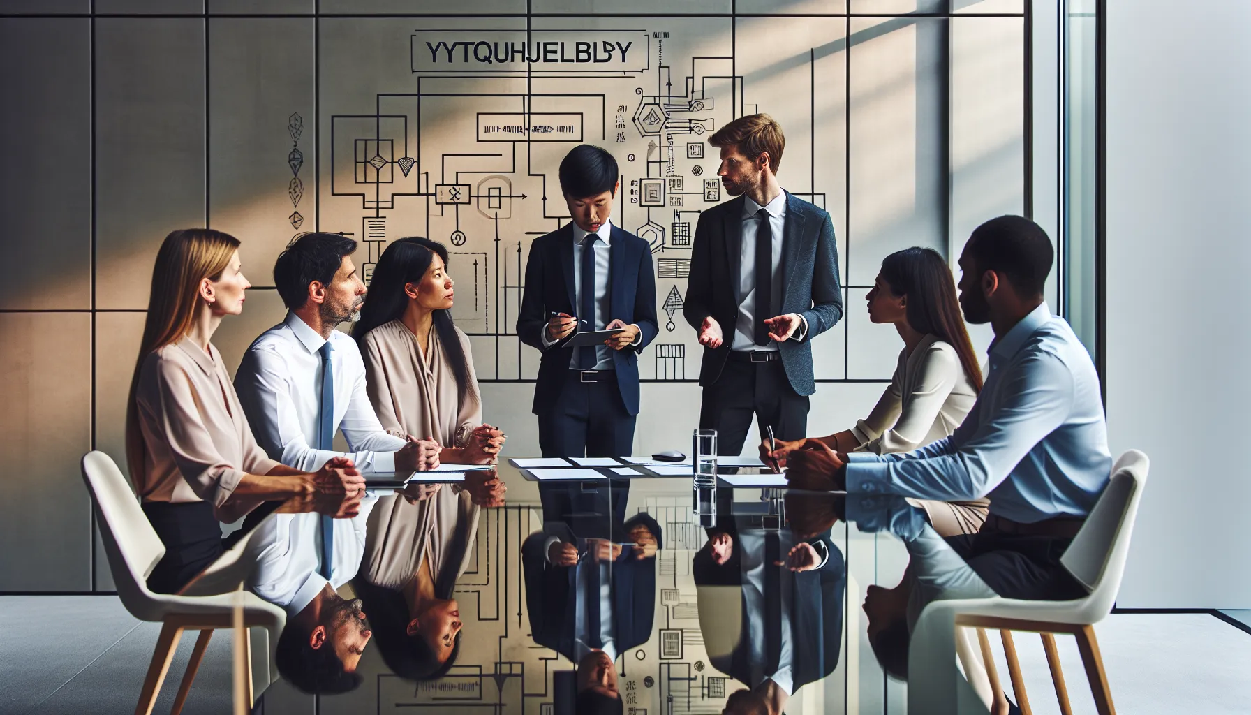 diverse professionals brainstorming in a modern conference room.
