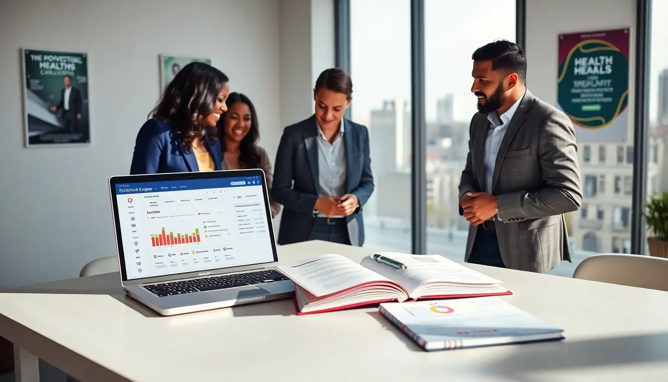 professionals discussing a health and lifestyle catalog in a modern office.