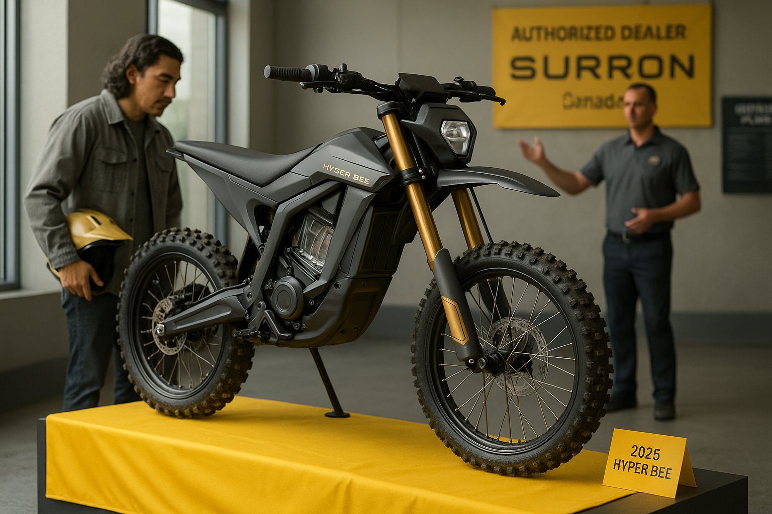 Surron Hyper Bee on showroom stand with buyer and dealer in Canadian shop.