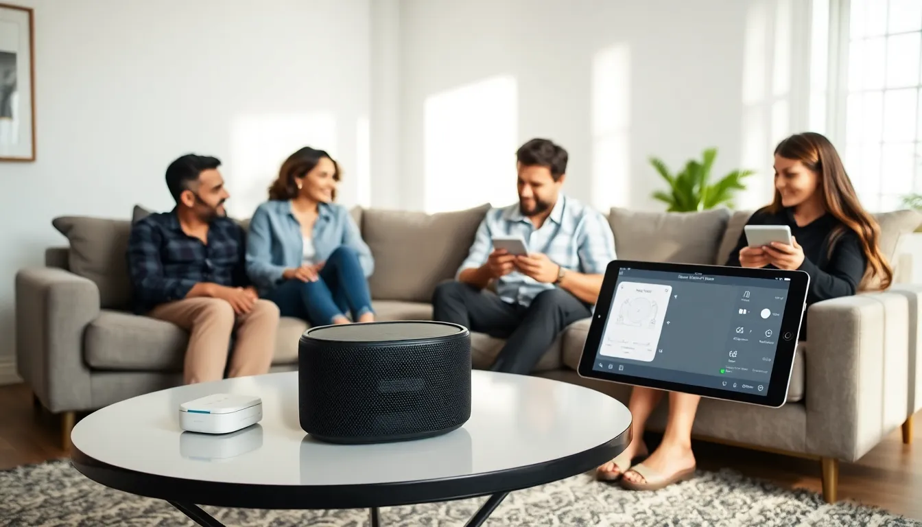 family using smart electronics in a modern living room.