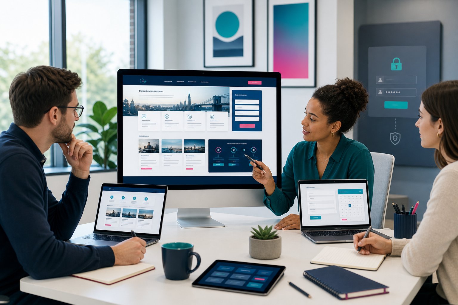 Professionals reviewing a public website layout in a modern office.