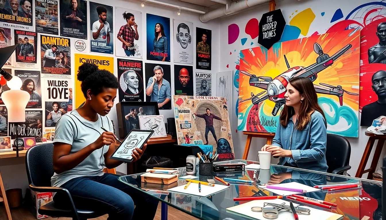 diverse group of artists creating Murder Drones fan art in a studio.