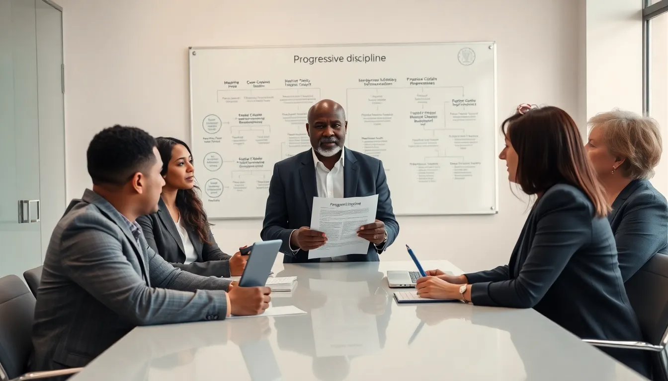 professionals discussing a progressive discipline policy in a modern office.