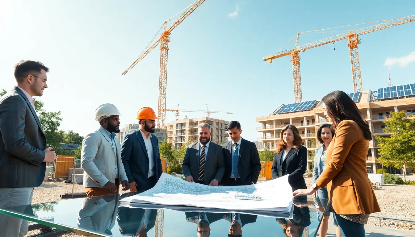 diverse professionals discussing sustainable construction plans on-site.