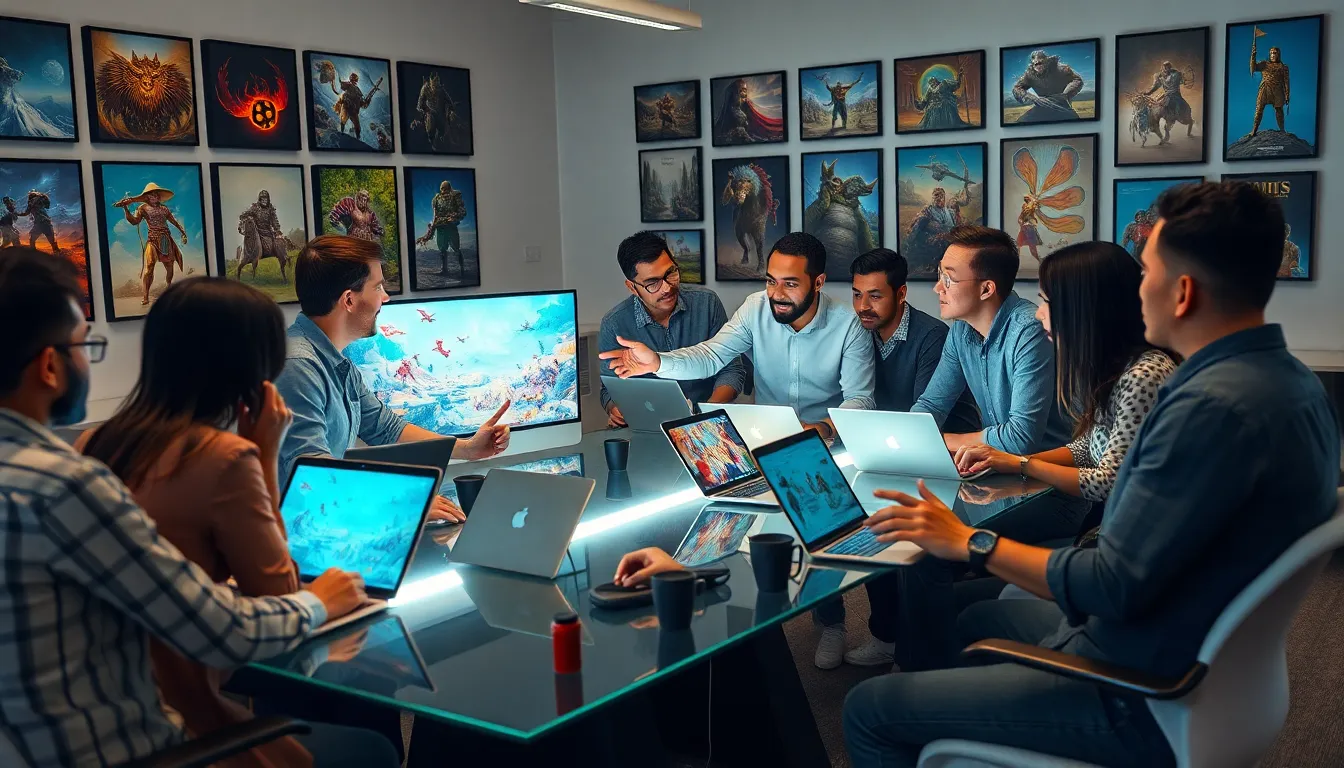 diverse game designers collaborating on culturally inspired game concepts.