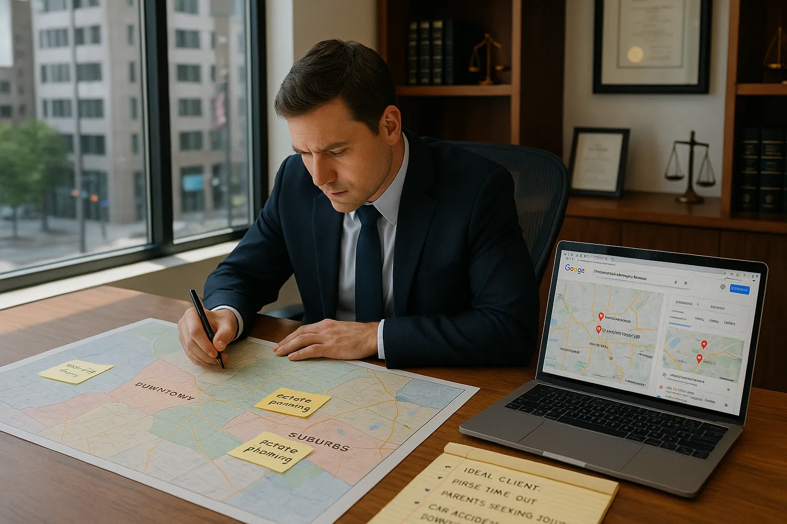 Attorney mapping local service areas and ideal clients with city map and laptop.