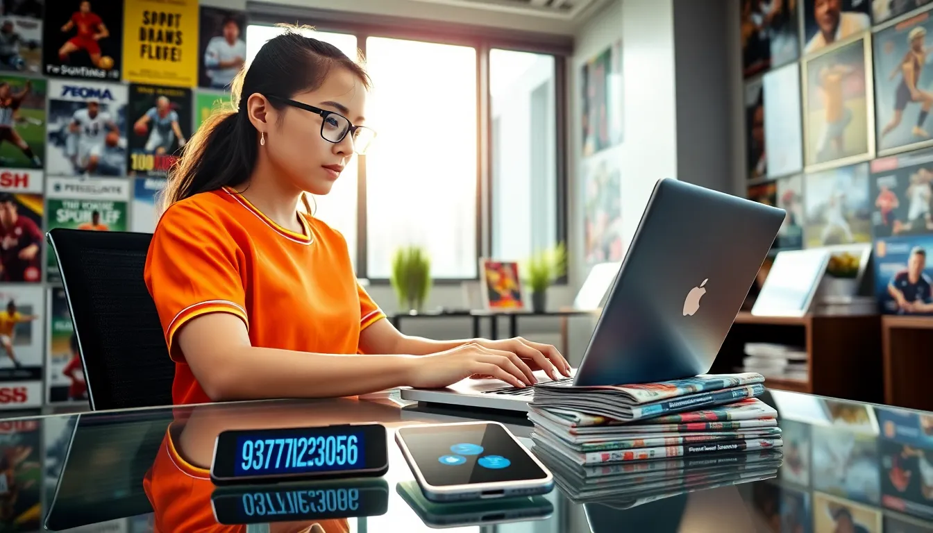 A woman verifying sports news on her laptop in a modern office.