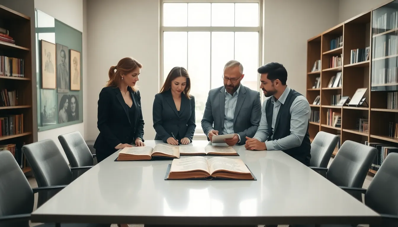 diverse scholars discussing historical texts in a modern meeting room.