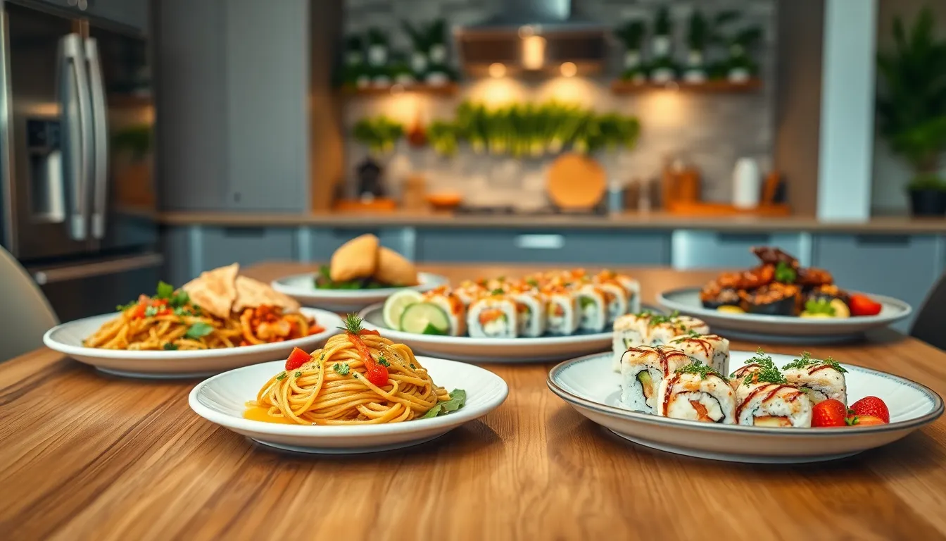 diverse global dishes arranged on a modern dining table.