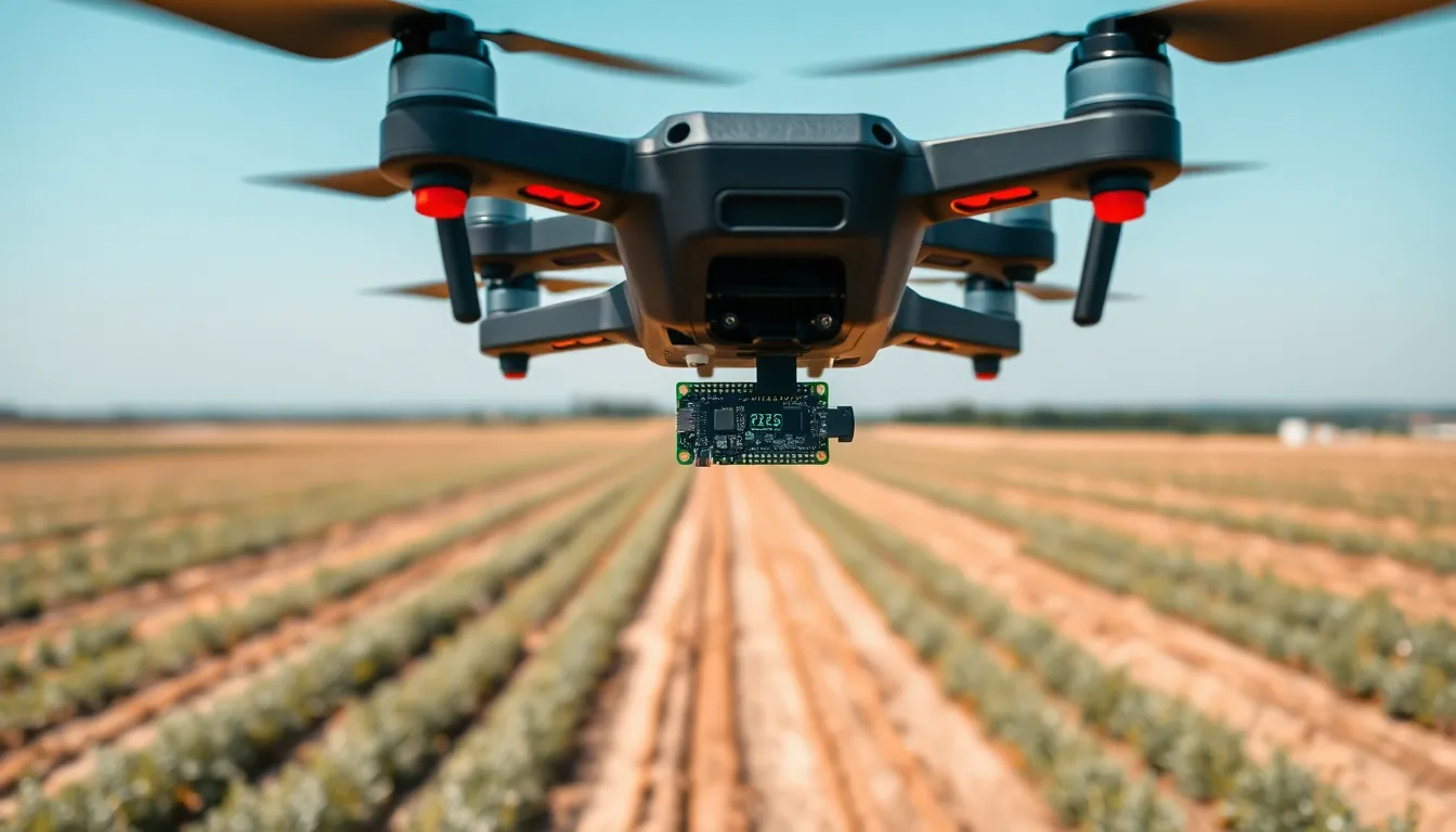 Raspberry Pi Zero thermal drone in flight above an agricultural field.