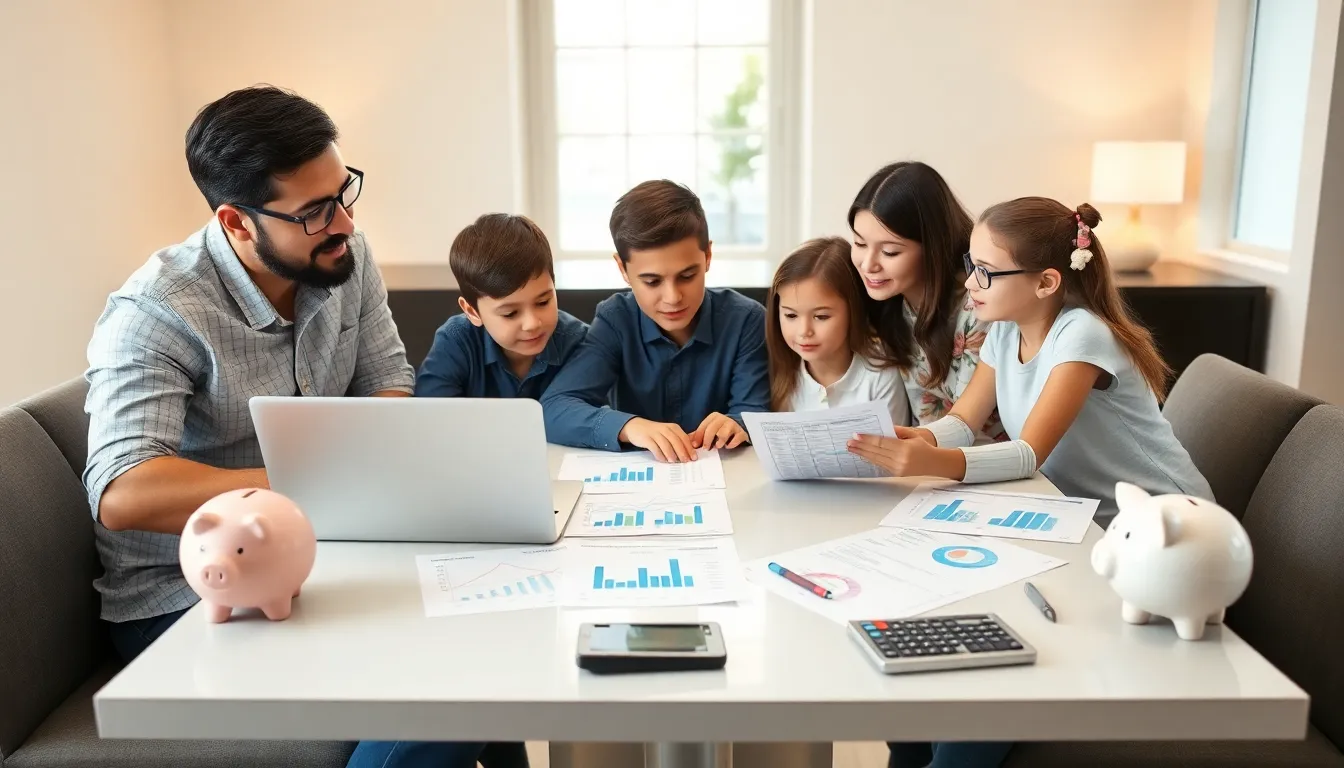 family discussing savings plans for college at a dining table.