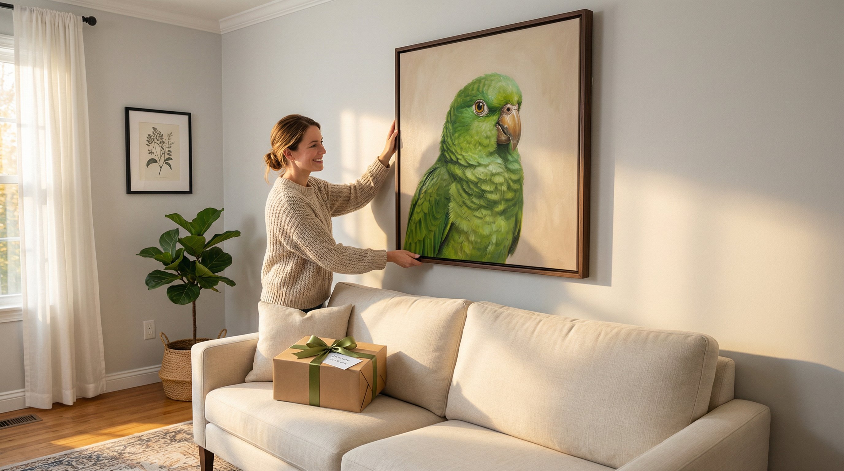 Woman hanging a framed bird portrait canvas above a sofa in a cozy living room.