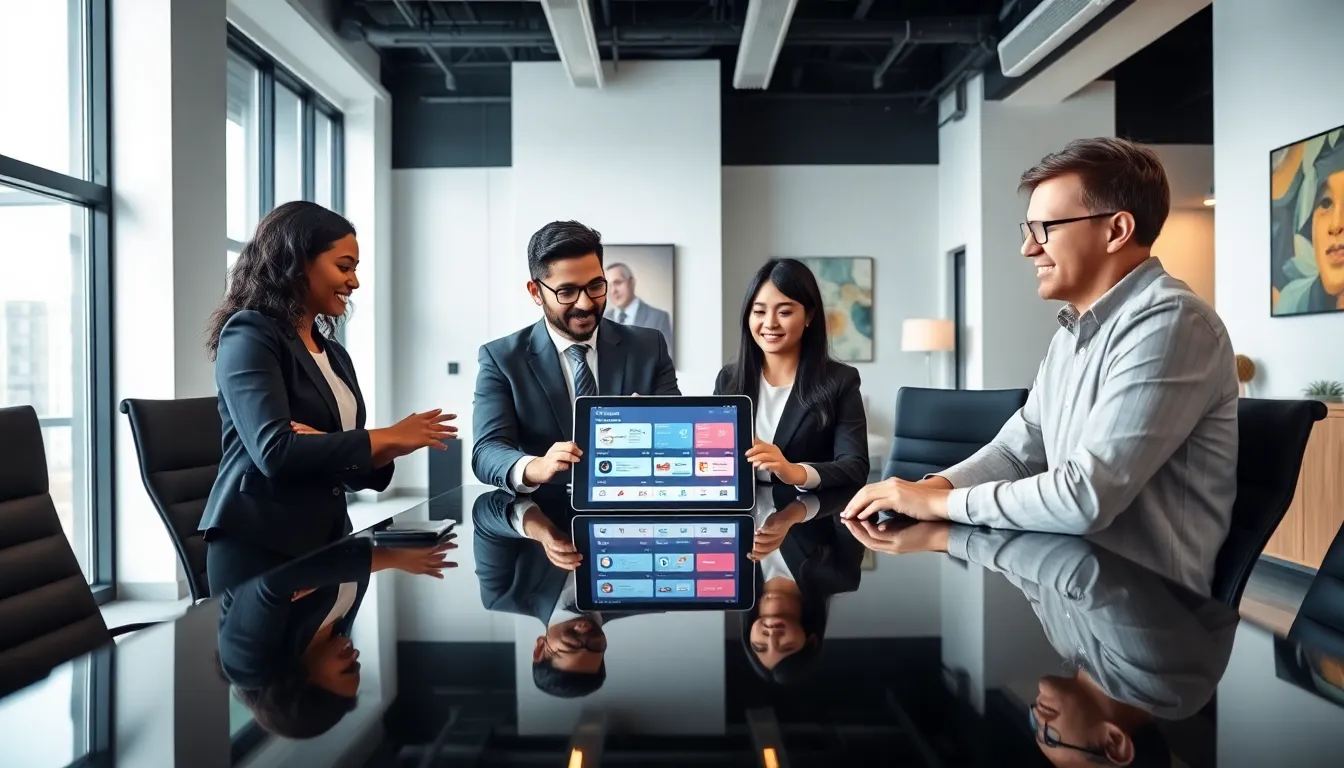 diverse team discussing the Bigussani product in a modern office.