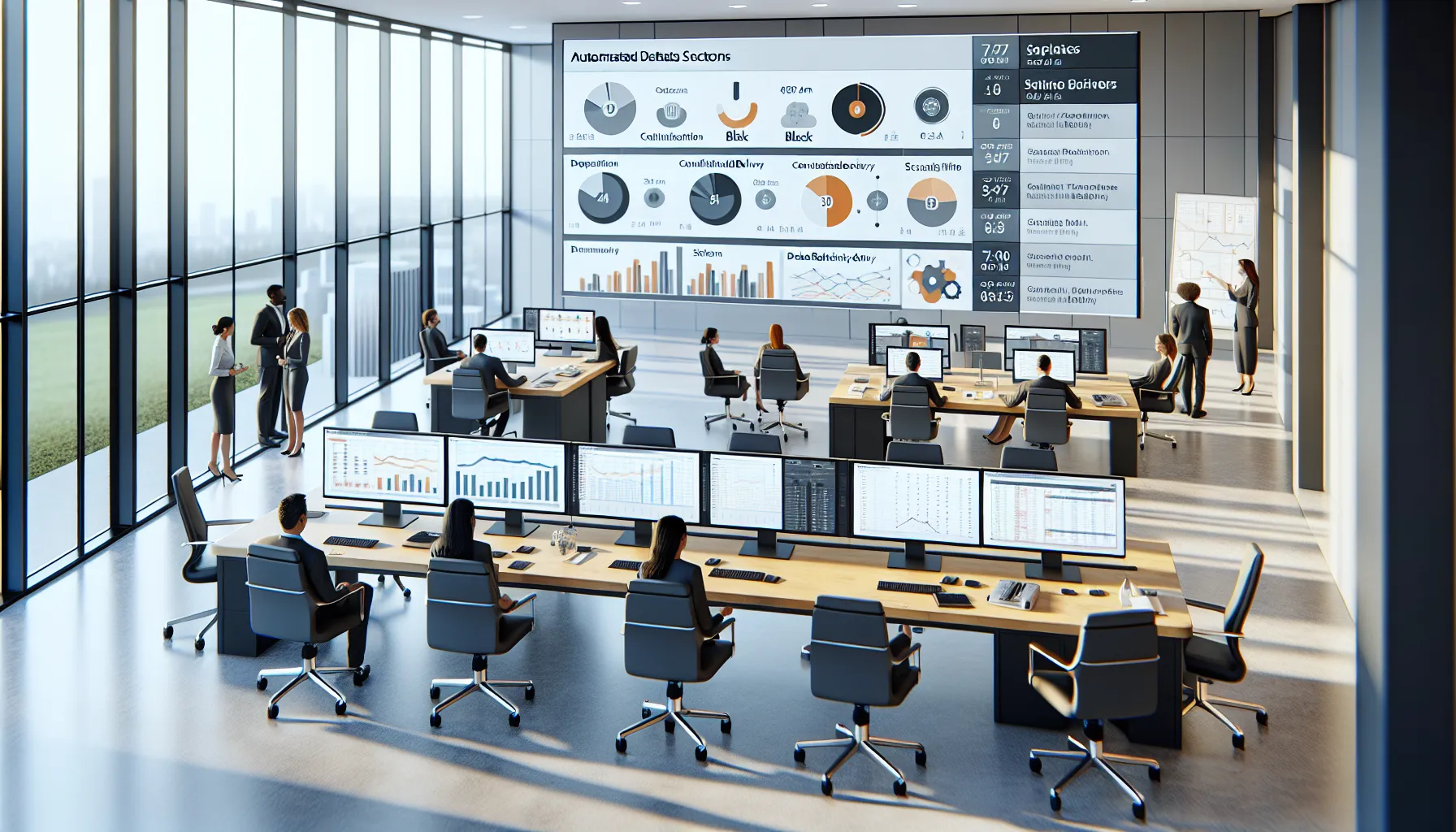 Diverse professionals reviewing automated Tableau dashboards and schedules in a modern office.