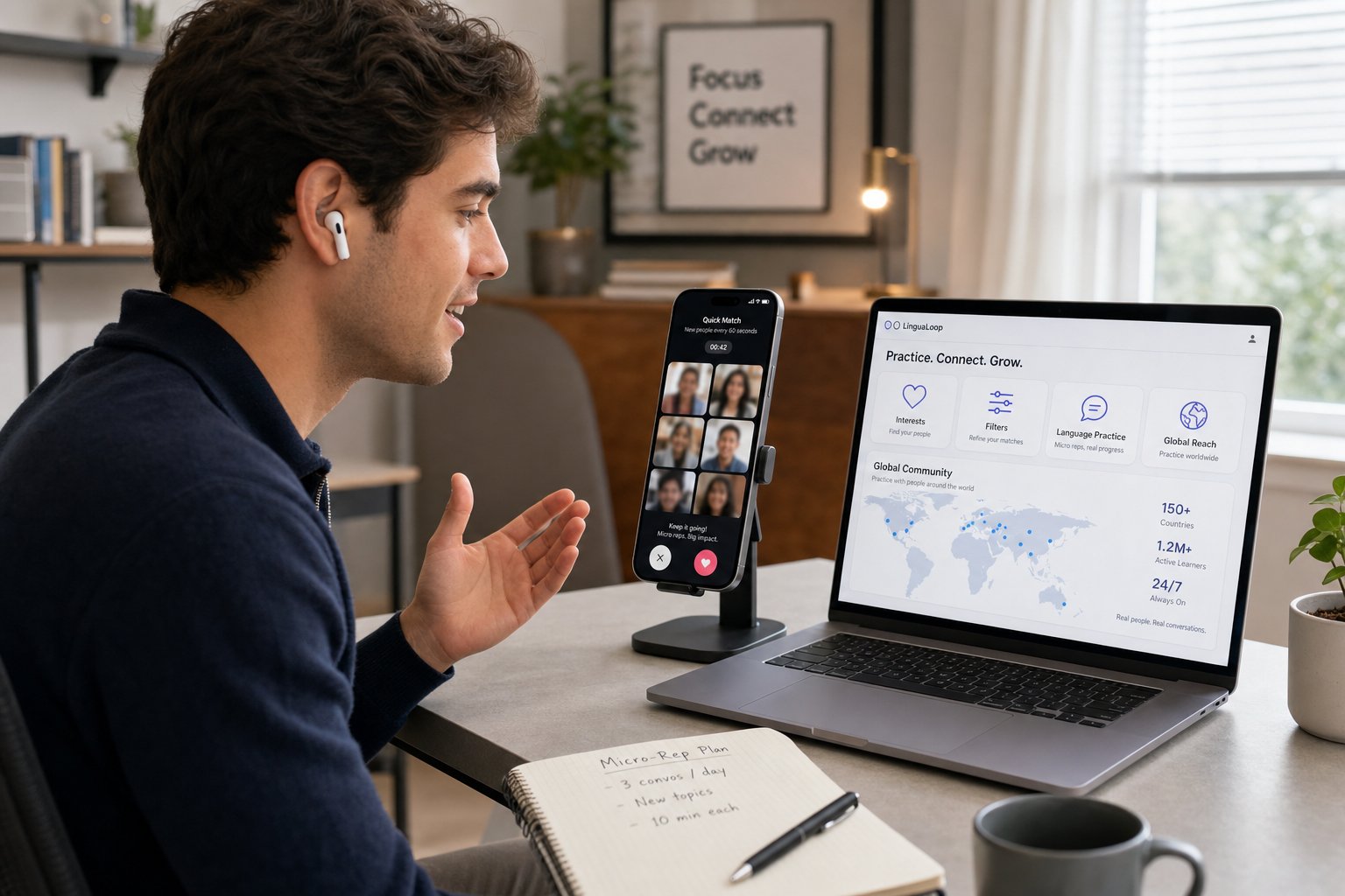 Professional using a phone for video chat, with interest filters and world map.