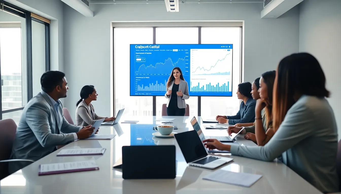 diverse finance team discussing cryptocurrency strategies in a modern office.