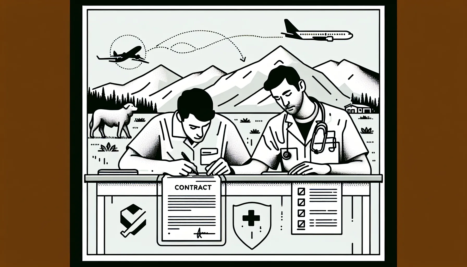 Veterinarian at desk reviewing a contract with Alaska map and animal icons of Alaska Veterinary Contract Review
