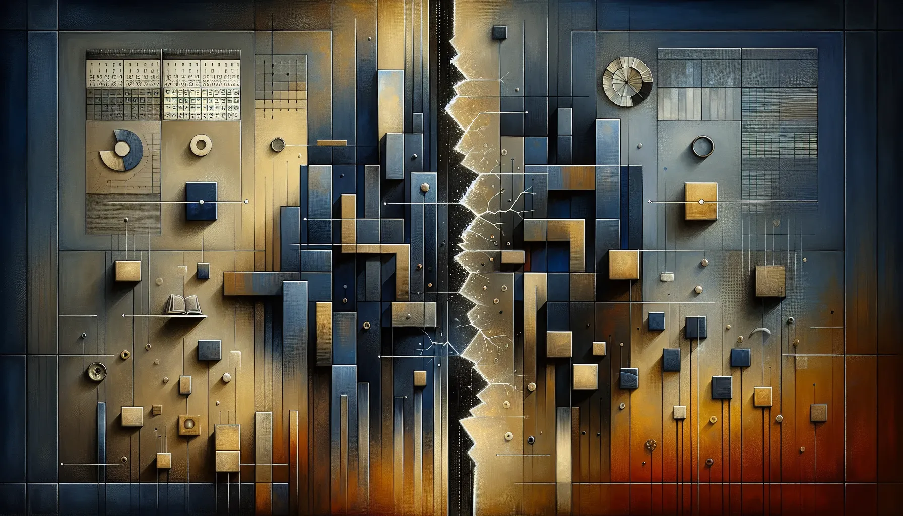 Abstract torn shapes and balanced forms evoking legal rupture, notice, and resolution.