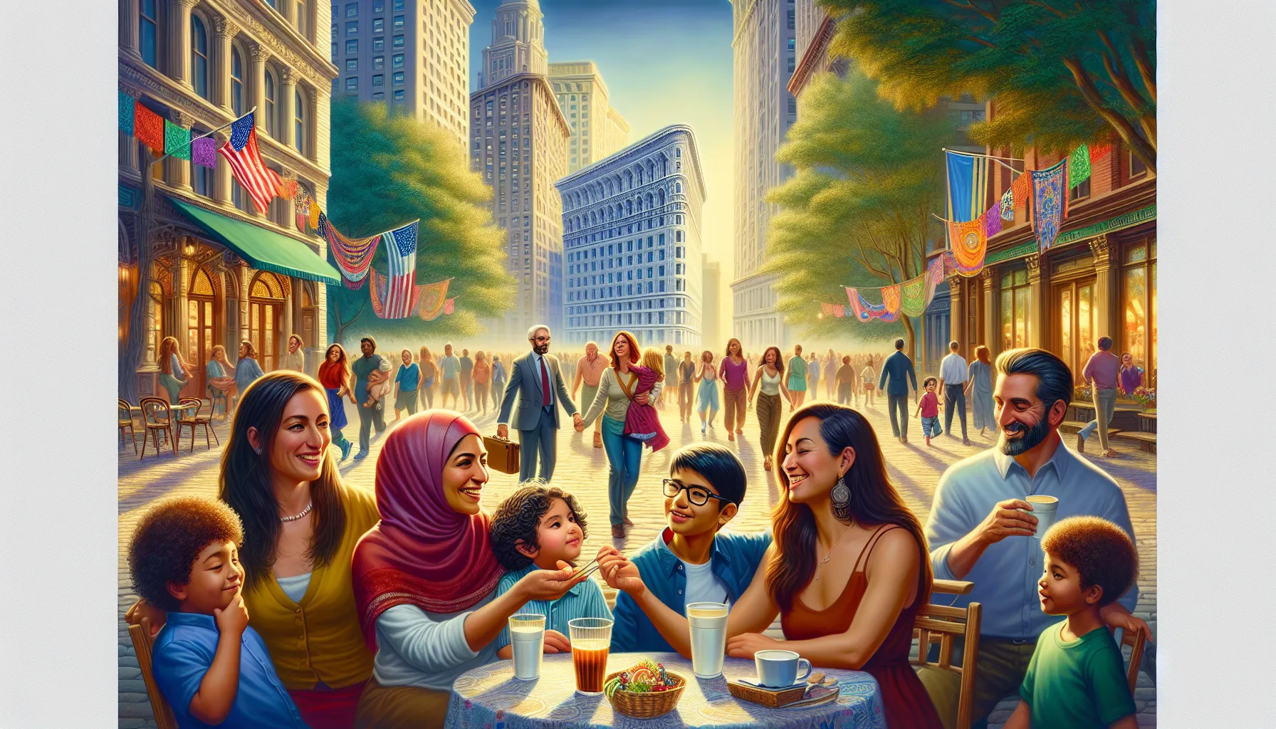 diverse people enjoying a vibrant city caf&eacute; scene.