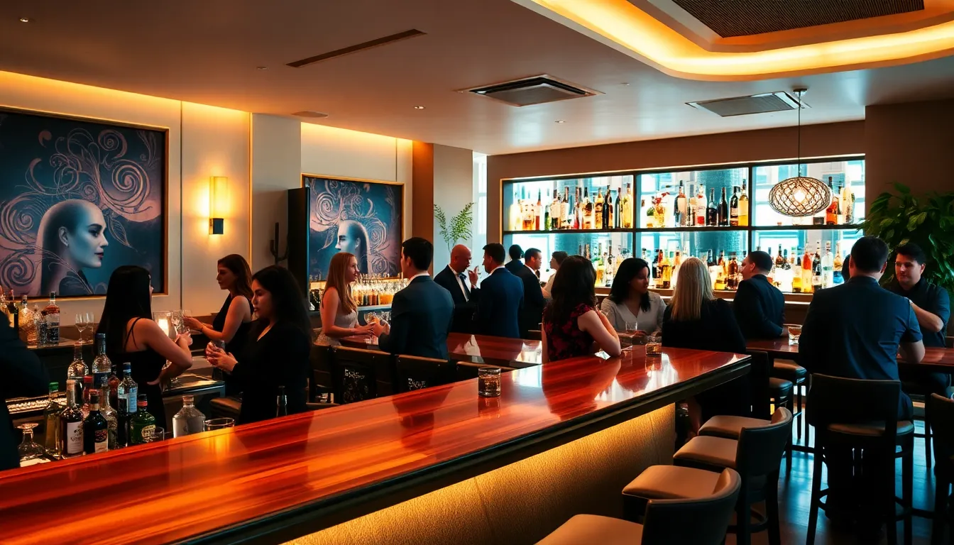 Chic bar scene at Embers Las Vegas with diverse patrons enjoying drinks.
