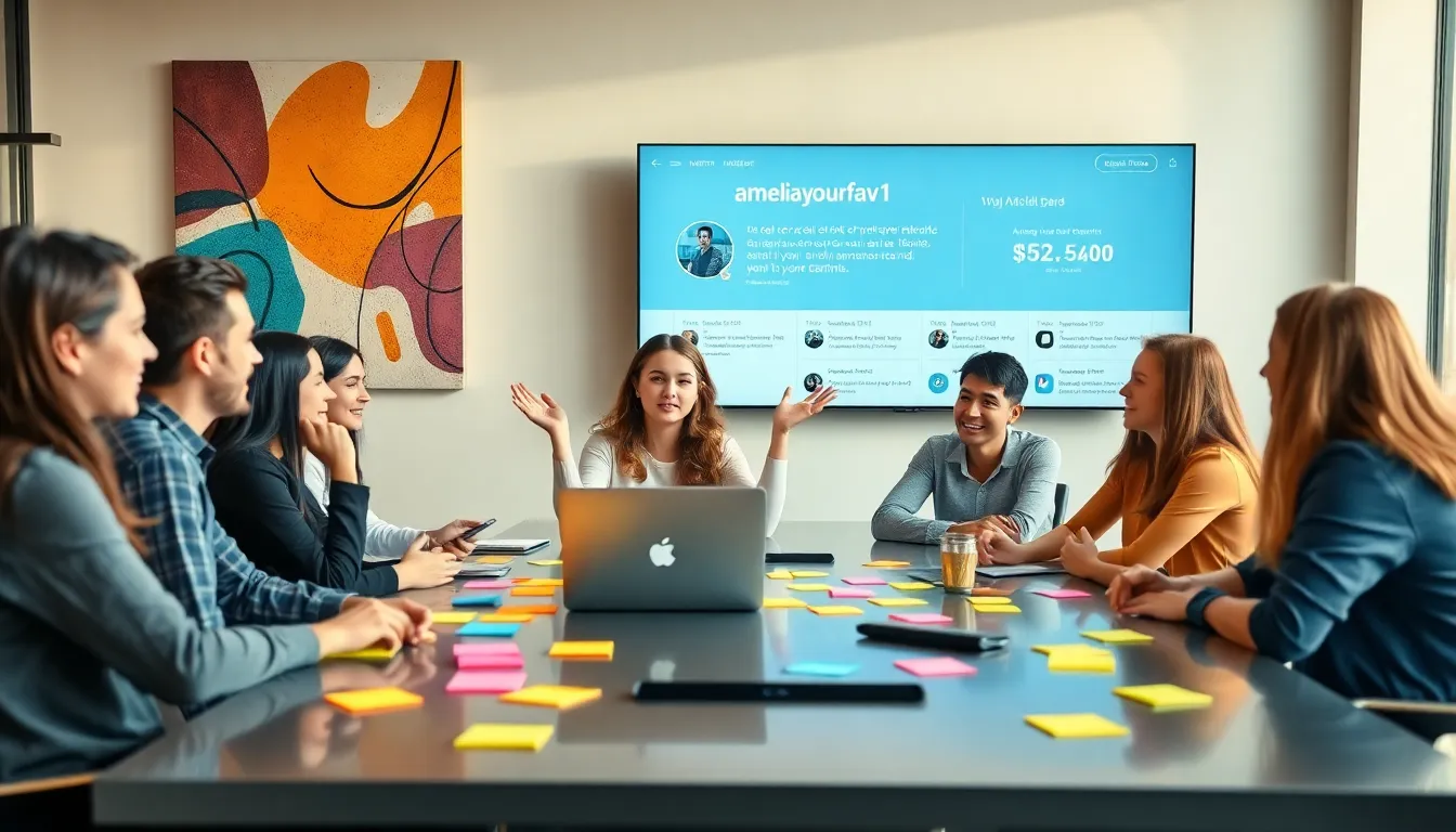diverse team discussing digital branding in a modern office.