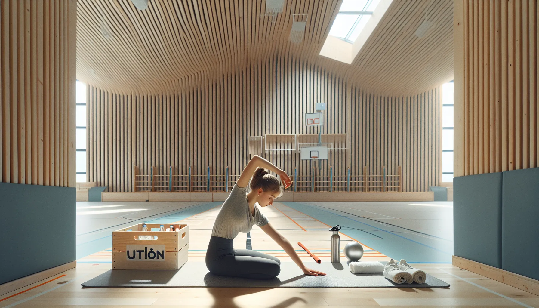 Norwegian teen warming up on a gym mat with rhythmic gymnastics gear nearby.