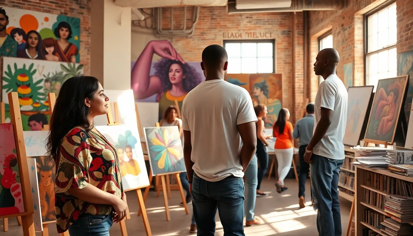 two artists discussing contemporary art in a vibrant urban art space.