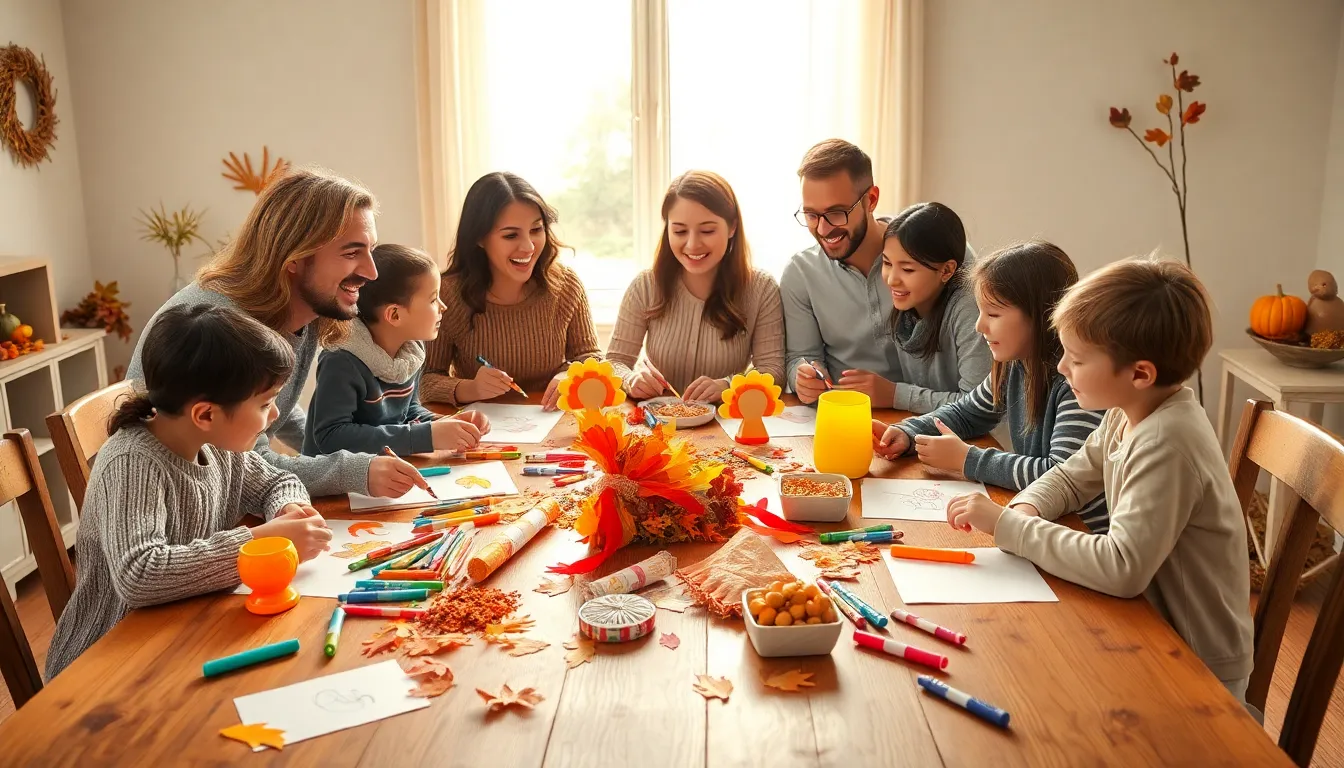 family creating DIY Thanksgiving crafts together at a table.