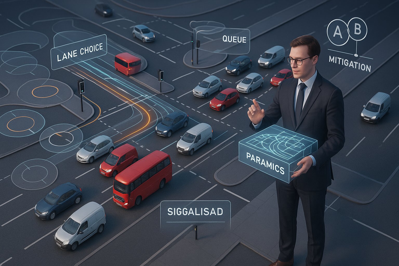 3D traffic model showing a UK junction and consultant reviewing road impacts.